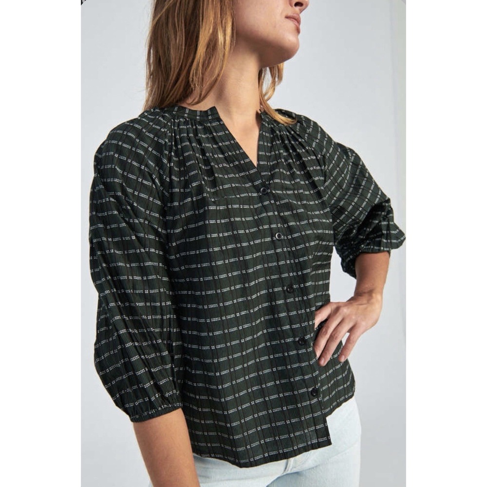 Apiece Apart Mitte Top S Forest Green Cotton Silk Puff Sleeve Plaid Cottagecore